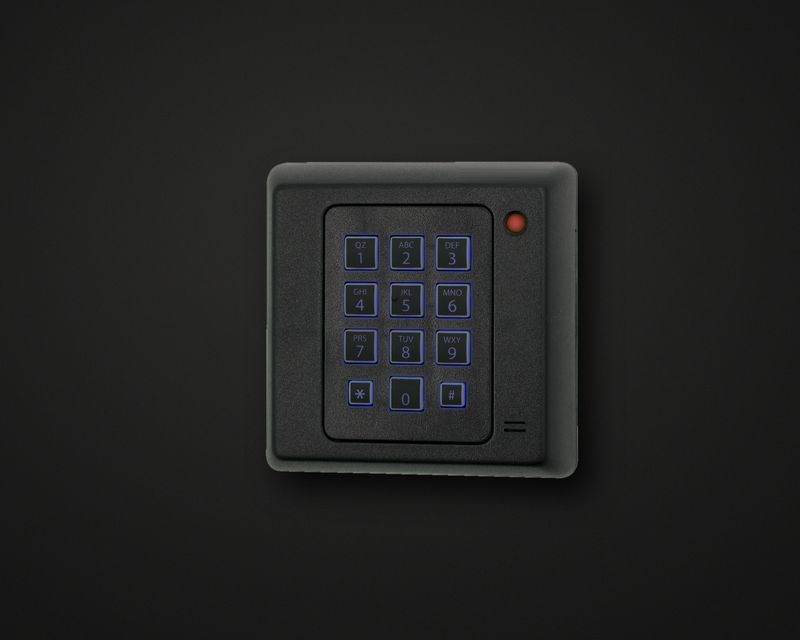 Backlit security keypad mounted on a dark wall